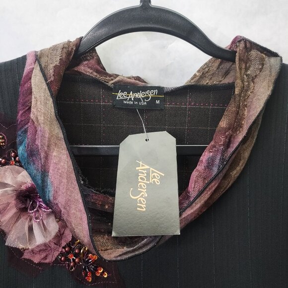 Lee Andersen Tunic Sz M Gray Pink "Holi Job to Joy" Floral Applique Beaded Artsy - Picture 5 of 11